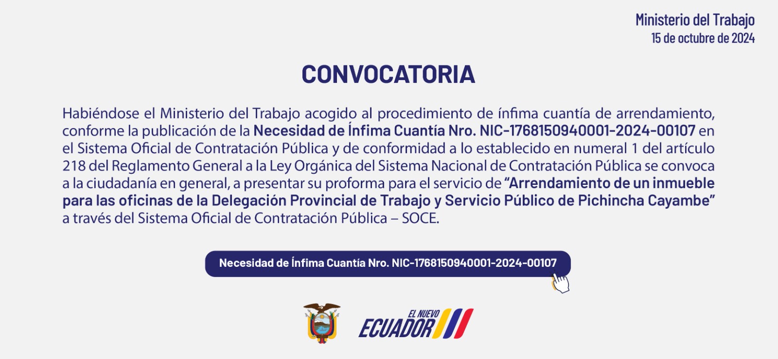 Convocatoria arrendamiento de un inmueble para oficinas Cayambe